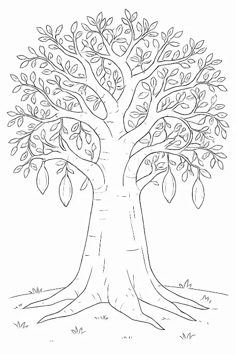 Detailed baobab tree coloring page featuring thick branches and a wide trunk.