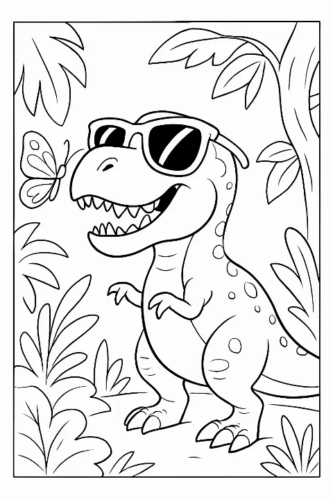 A funny dinosaur jungle coloring page featuring a cute T-Rex with butterfly on its nose.