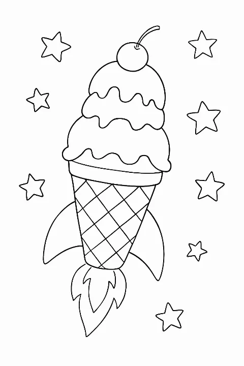 A fun ice cream rocket ship floating through space on this creative ice cream rocket coloring page.