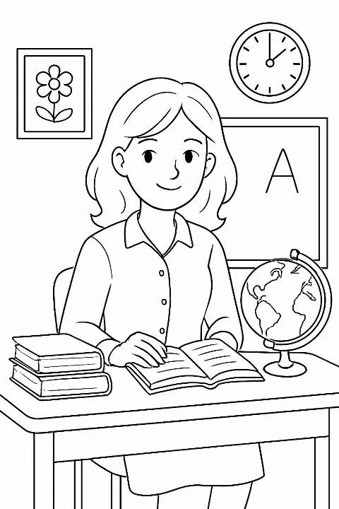 A friendly teacher in a classroom setting on a teacher coloring page with bold lines.