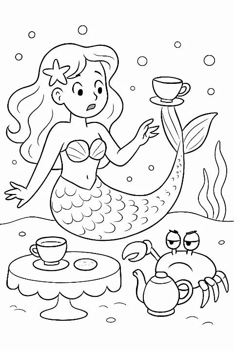 A mermaid balancing a teacup with a crab in a fun mermaid tea party coloring page design.