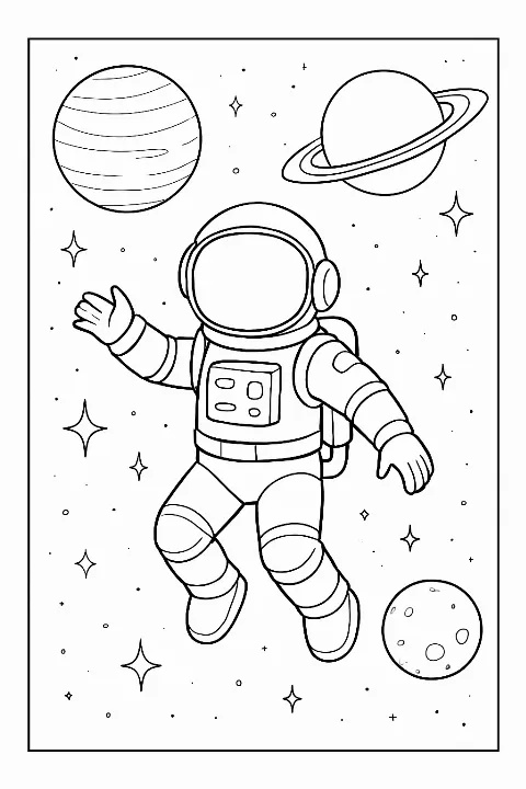 A detailed galaxy explorer coloring page showing an astronaut floating among stars and planets.
