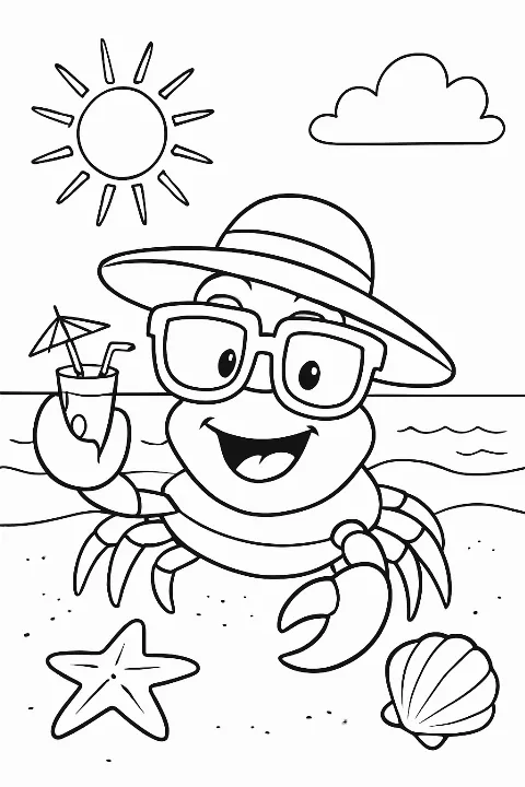 A humorous crab with sunglasses at a beach party coloring page.