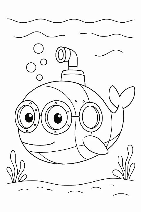 A happy whale shaped submarine with large eyes on a whale submarine coloring page.
