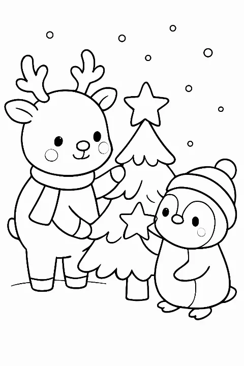 Cute reindeer and penguin decorating a tree on a fun Christmas coloring page.