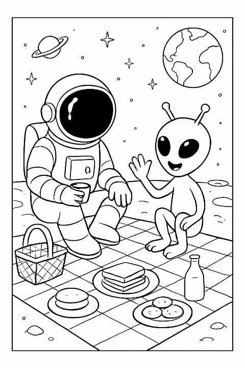 A cartoon astronaut sharing a space-snack with a cute alien on a cratered moon coloring page.