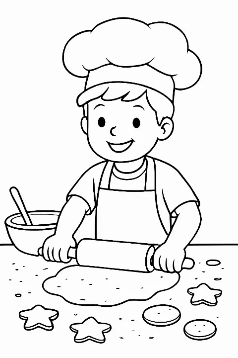 A happy boy baking cookies in a chef hat on a coloring page with bold outlines.