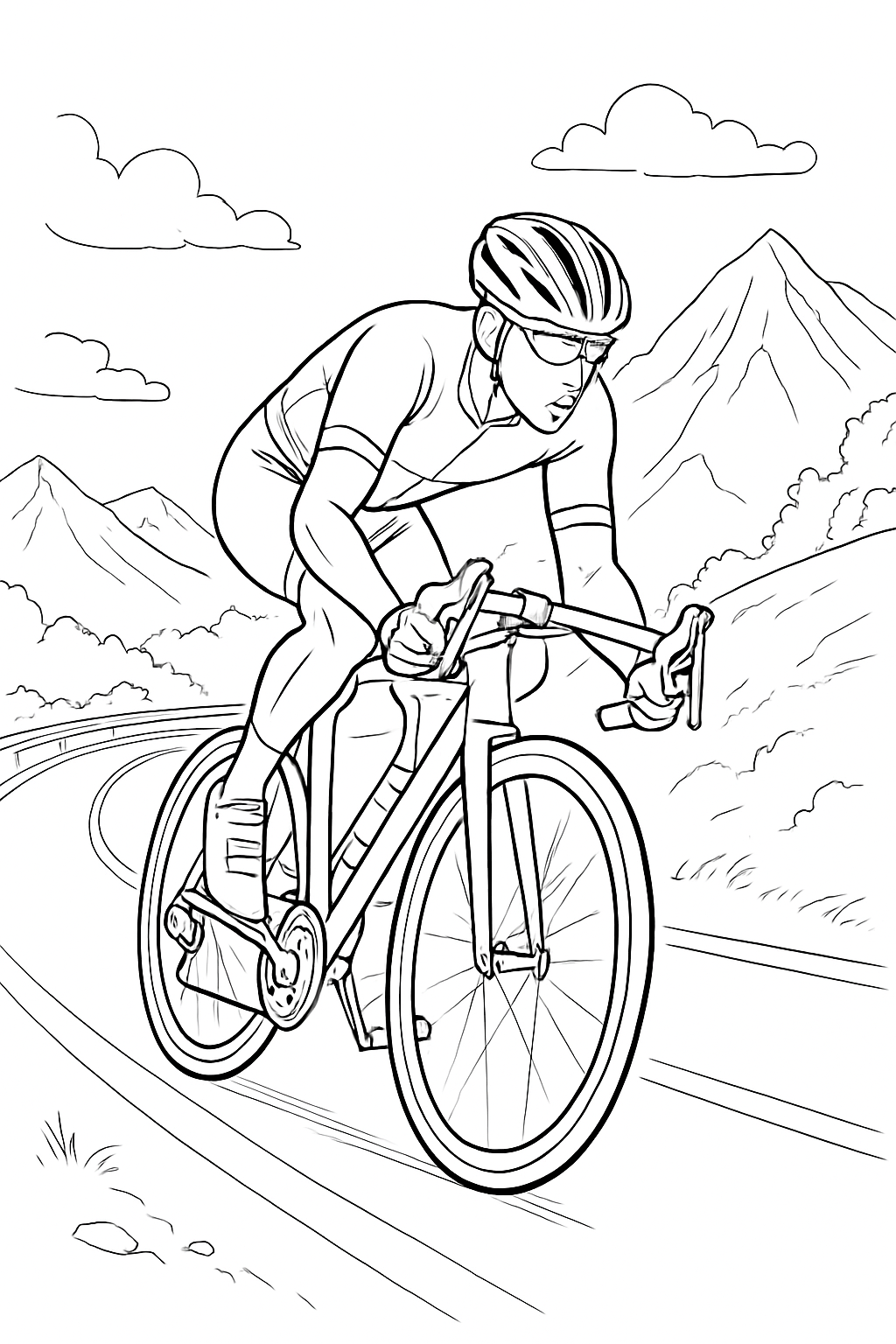 A professional road cyclist coloring page featuring a racer in aerodynamic gear on a winding mountain road.