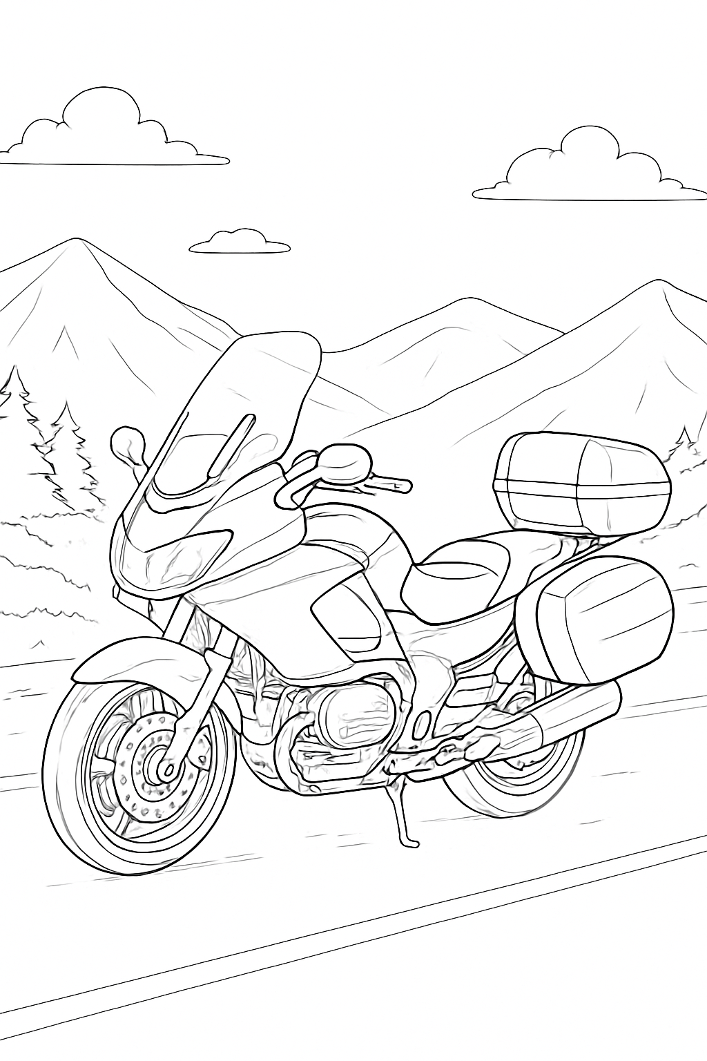 A detailed touring motorcycle coloring page featuring a scenic mountain road background.