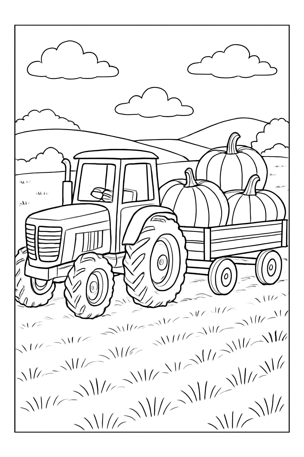 A detailed tractor pulling a wagon full of pumpkins in a field for a tractor pumpkin harvest coloring page.