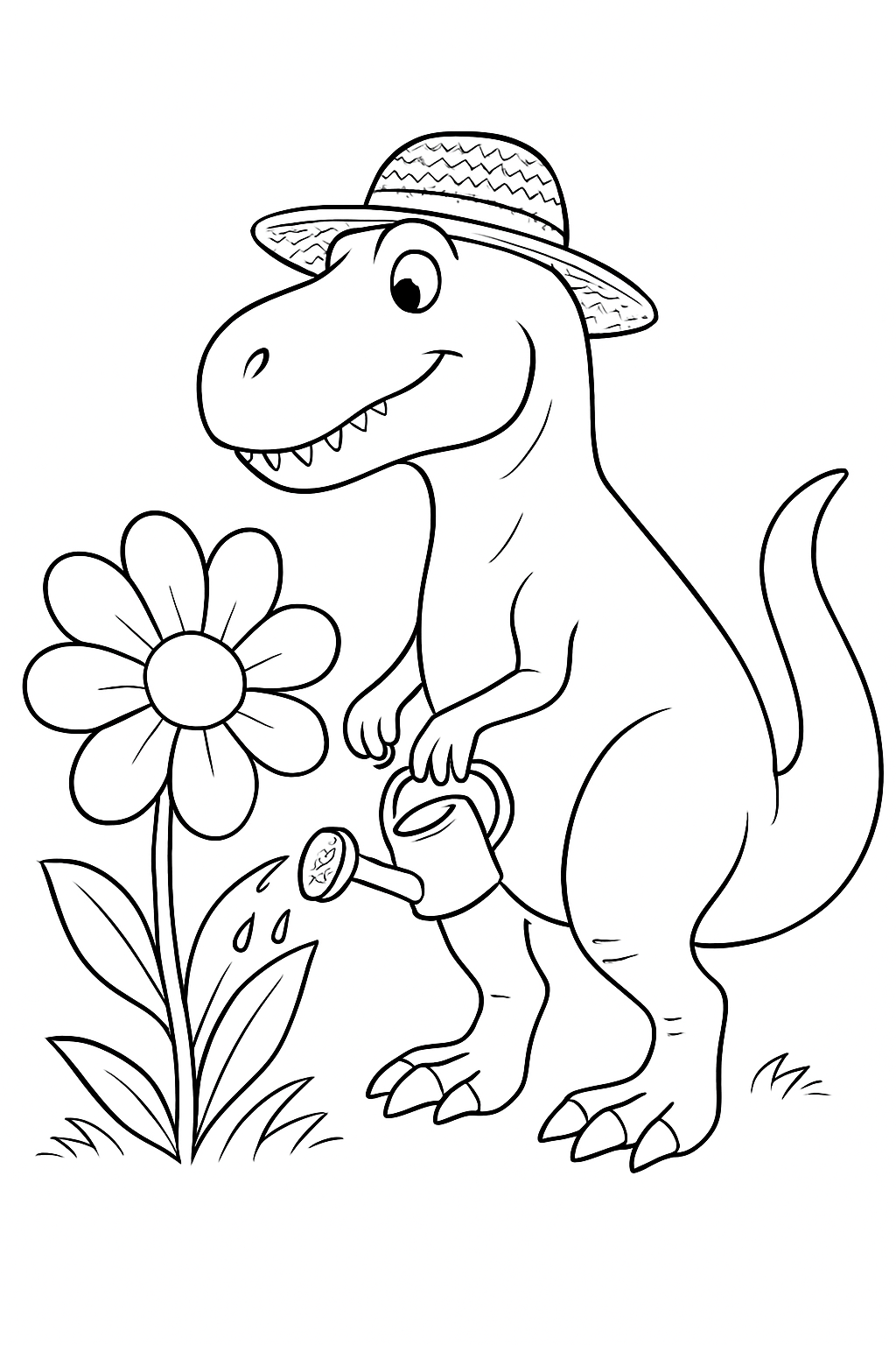A cute T-Rex wearing a sun hat watering a large flower in a T-Rex gardening coloring page.
