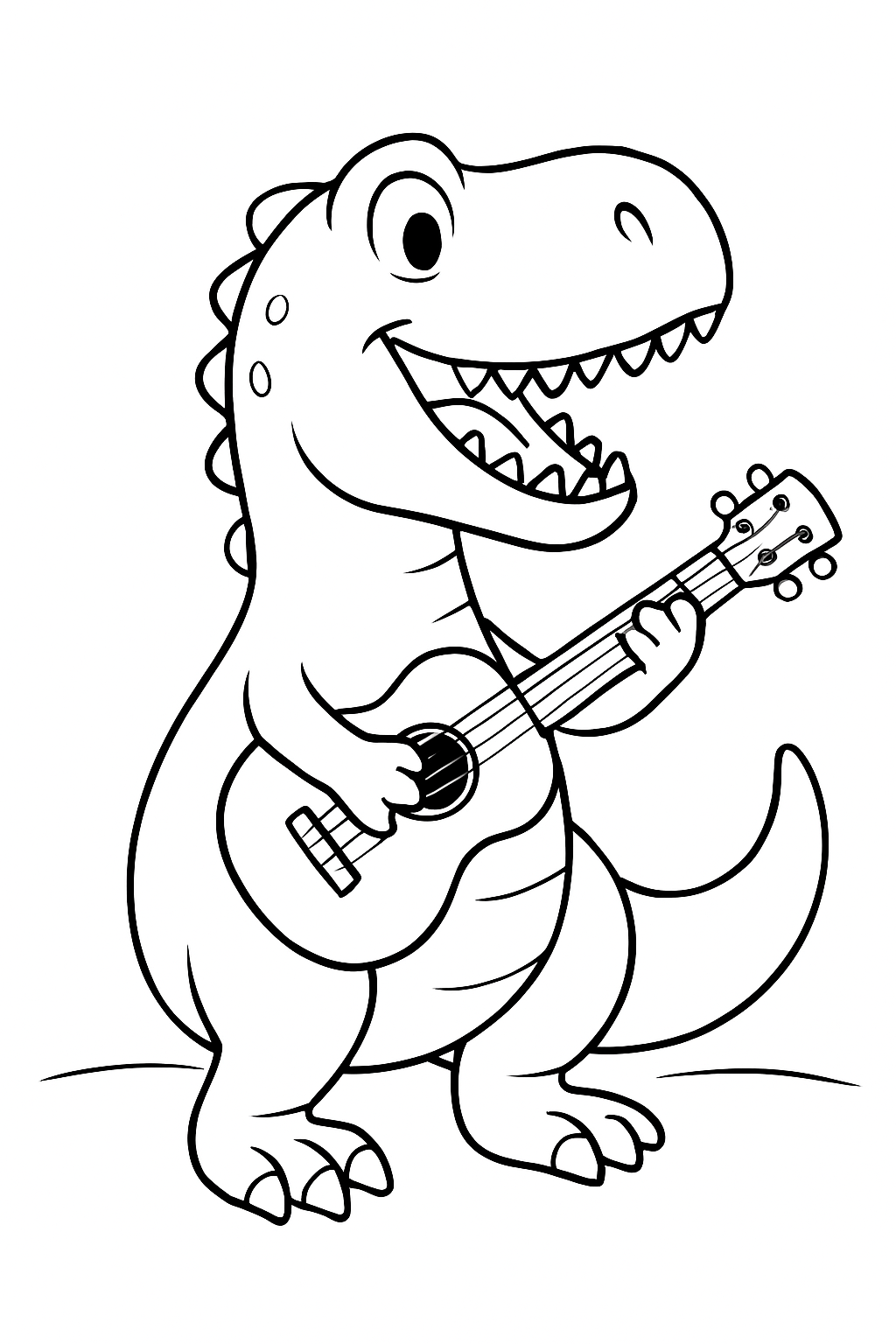 A cute T-Rex playing a ukulele, featured on a fun T-Rex playing ukulele coloring page.
