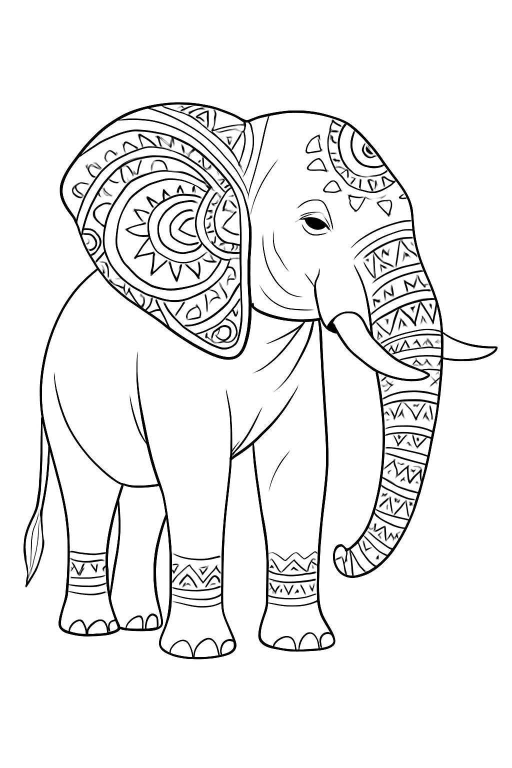 A detailed tribal elephant coloring page with geometric patterns and clean black and white lines.