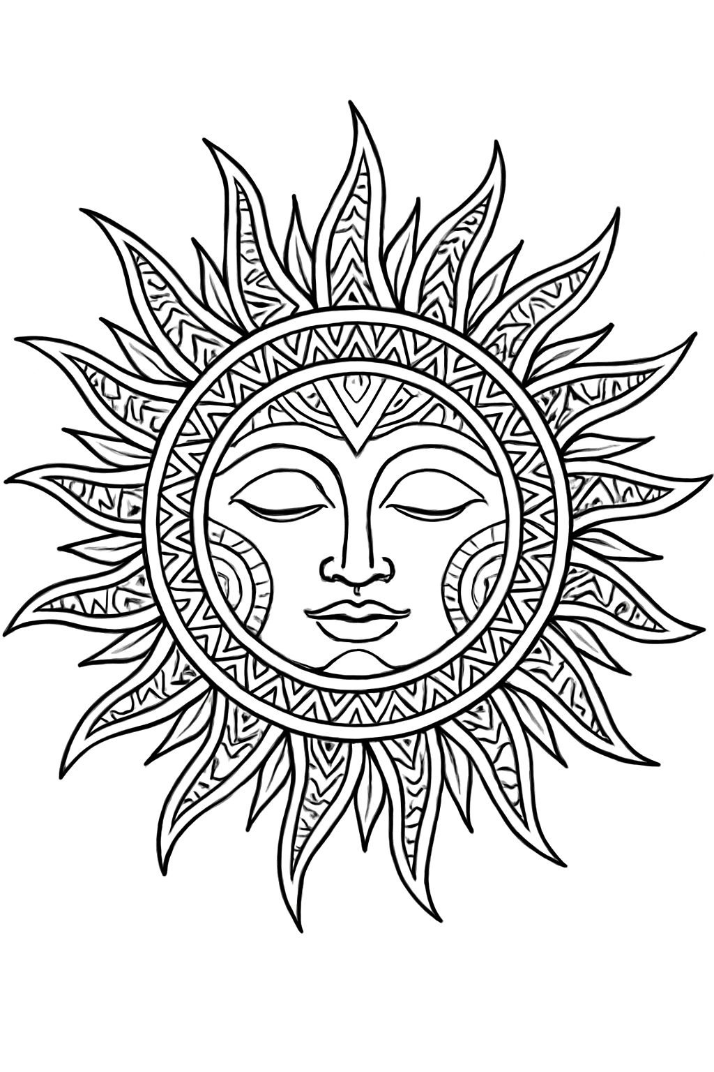 A detailed tribal sun coloring page featuring intricate geometric rays and patterns.