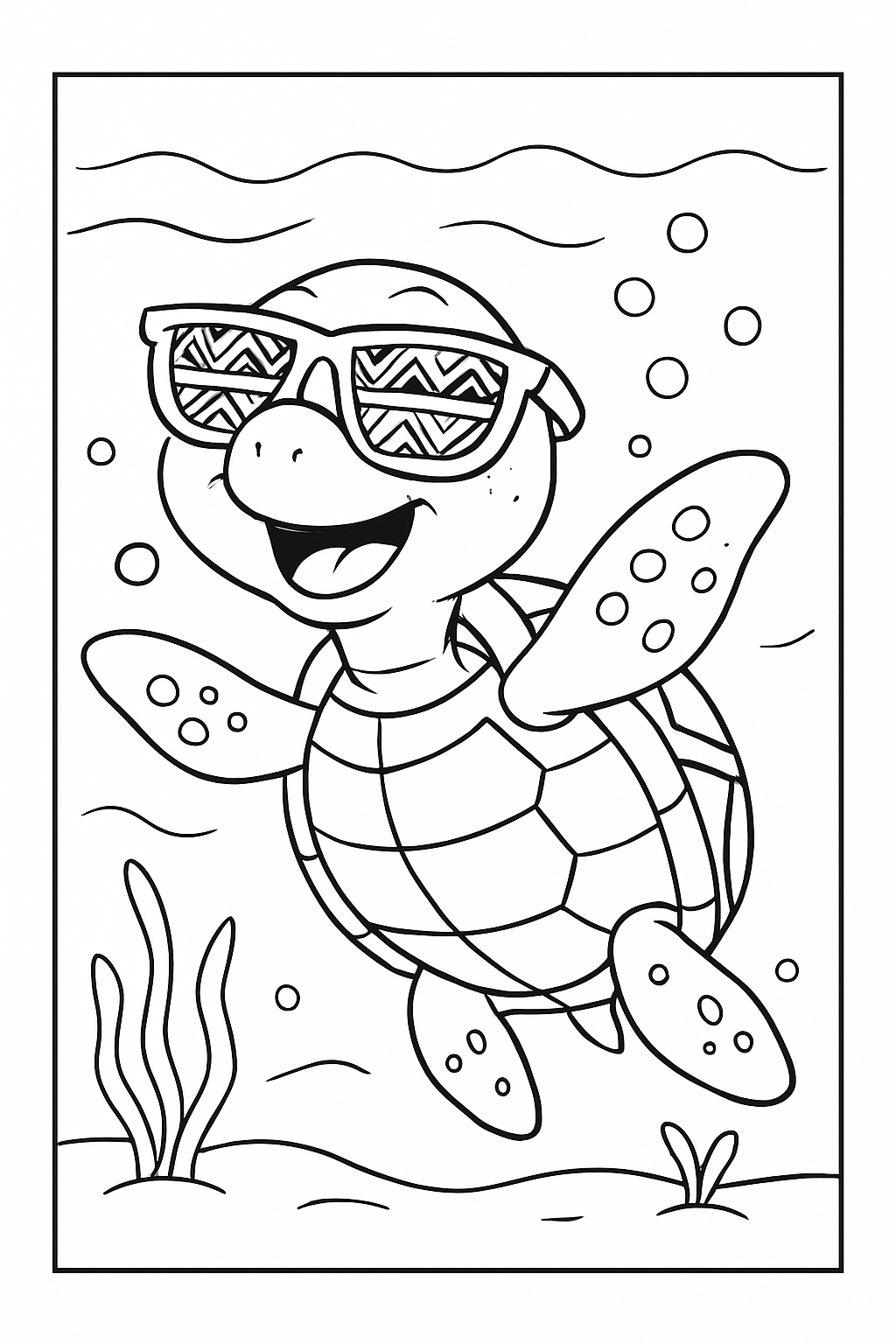 A smiling sea turtle with a patterned shell on this fun tribal turtle coloring page.