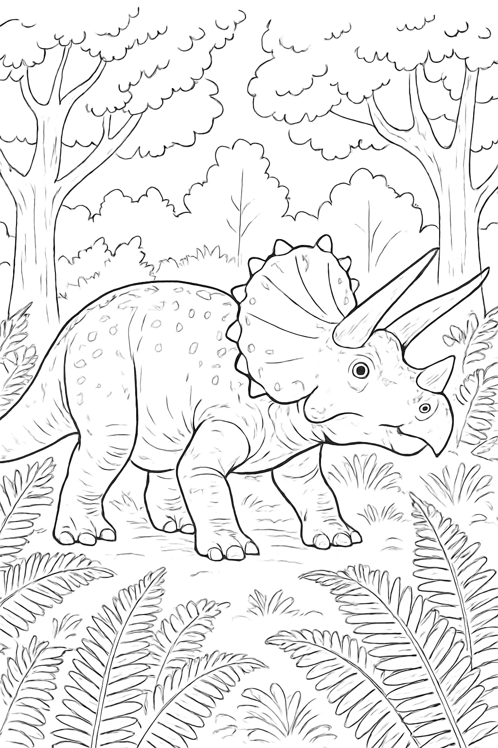 A realistic Triceratops in a lush forest setting for a Triceratops coloring page.