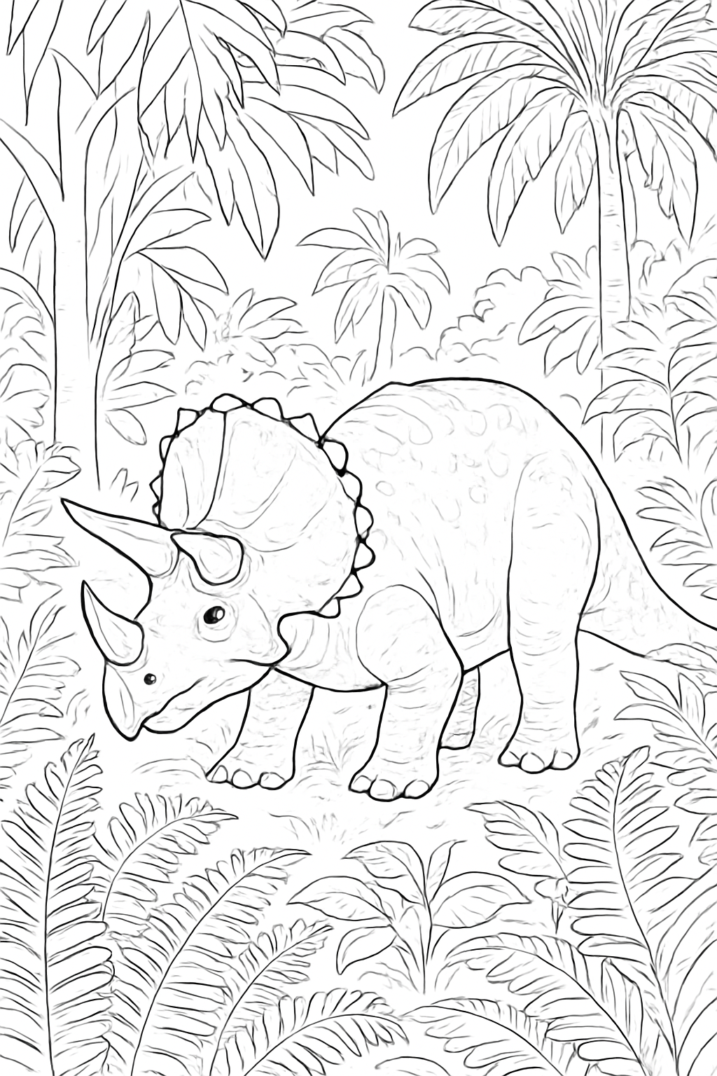 A detailed Triceratops in jungle coloring page featuring lush prehistoric plants and a lifelike dinosaur.