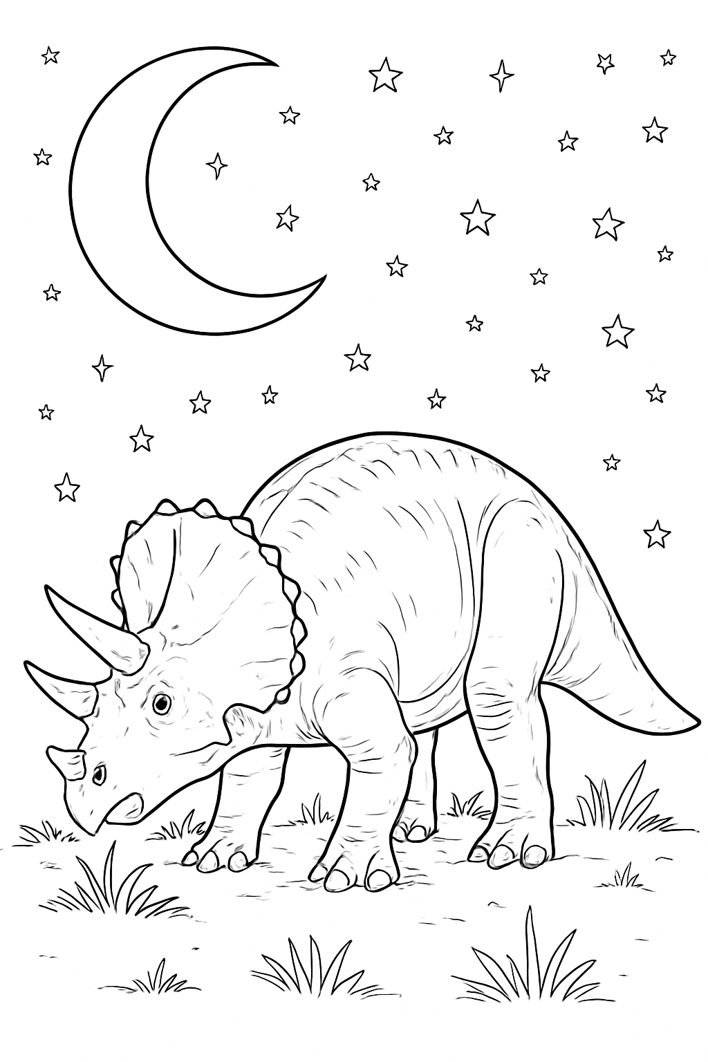A peaceful Triceratops standing under a night sky for a triceratops starry night coloring page.