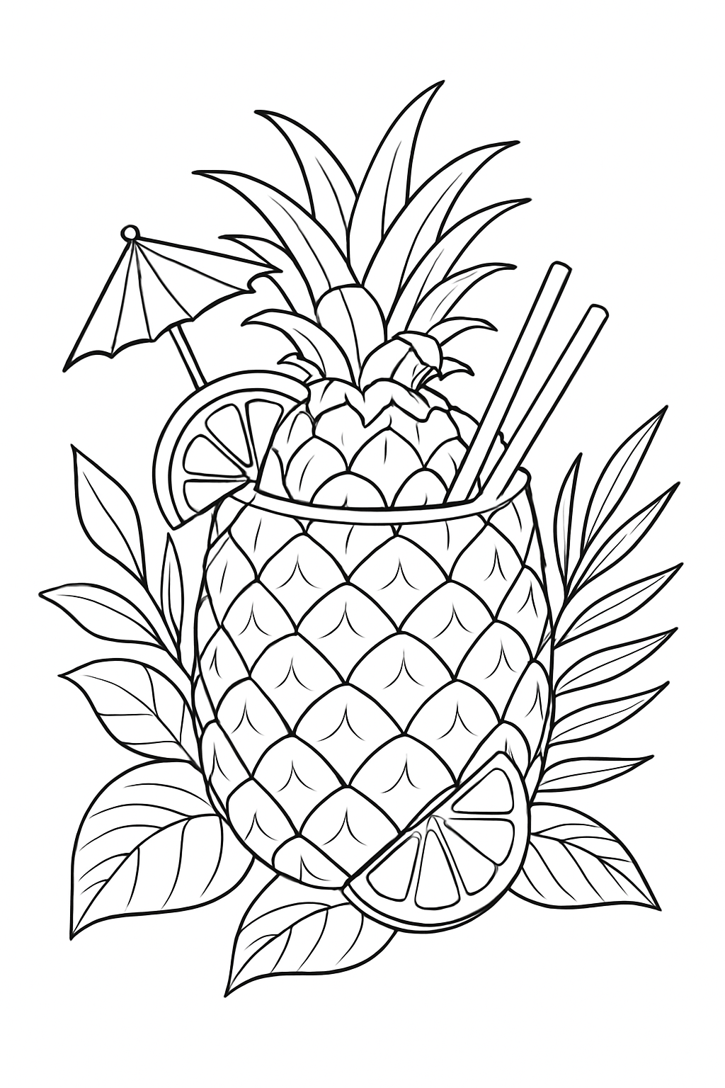 A detailed tropical cocktail coloring page featuring an exotic drink with fruit slices and palm leaves.