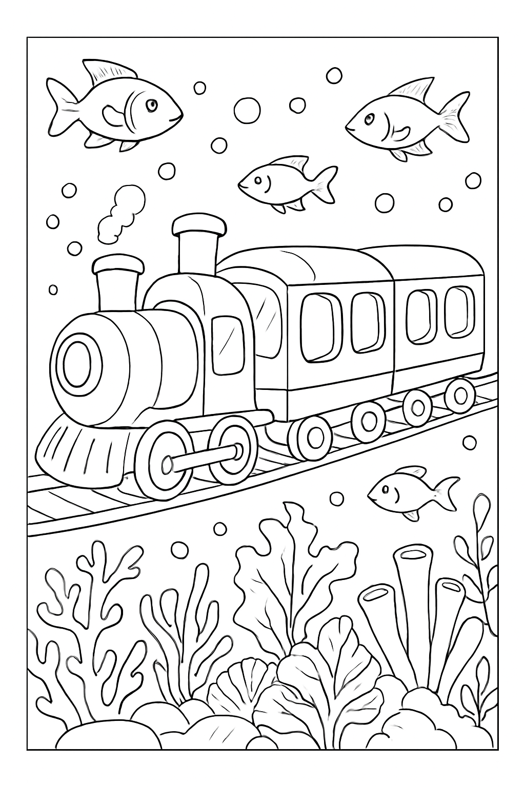 A detailed underwater submarine train coloring page featuring coral reefs and friendly sea creatures.