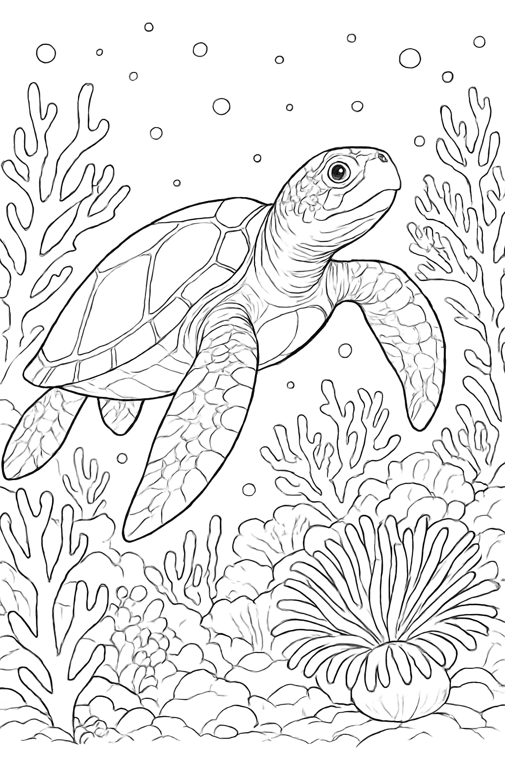 A detailed underwater turtle garden coloring page featuring a turtle swimming among coral and sea plants.
