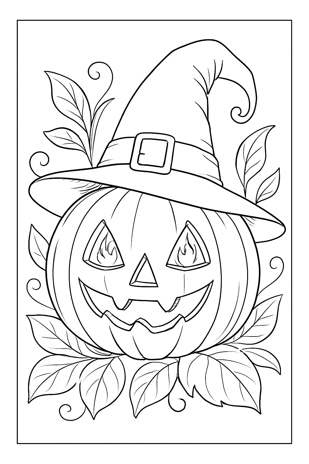 A coloring page featuring a witch-style pumpkin with fiery eyes. coloring page