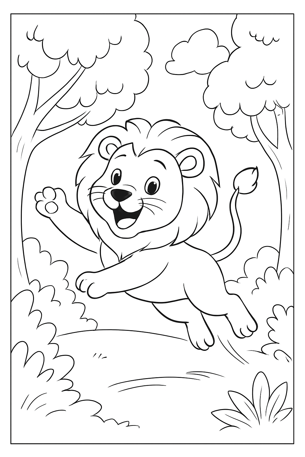 A funny lion jumps through the trees. coloring page