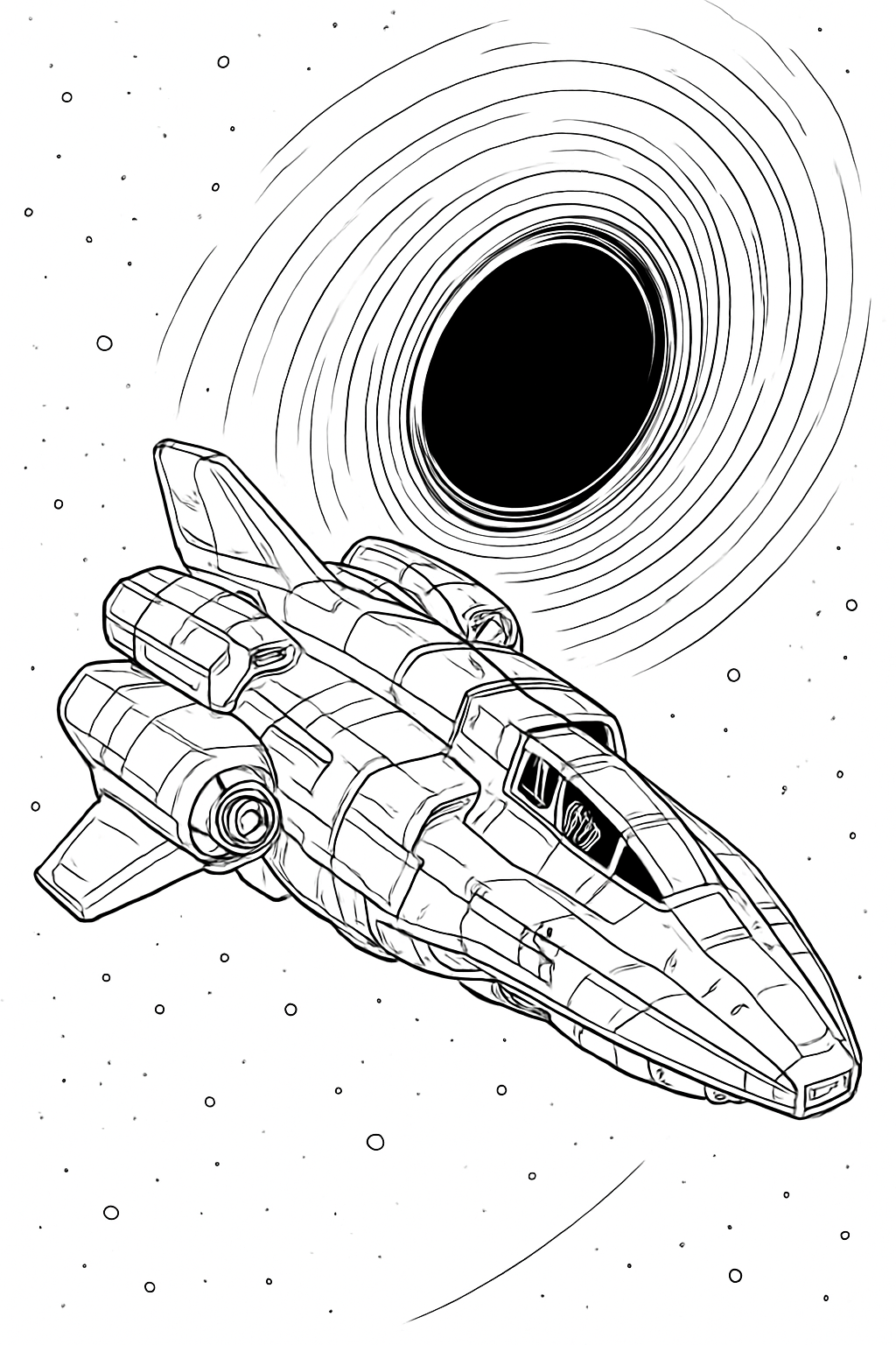 A massive spaceship in space against the backdrop of a black hole. coloring page