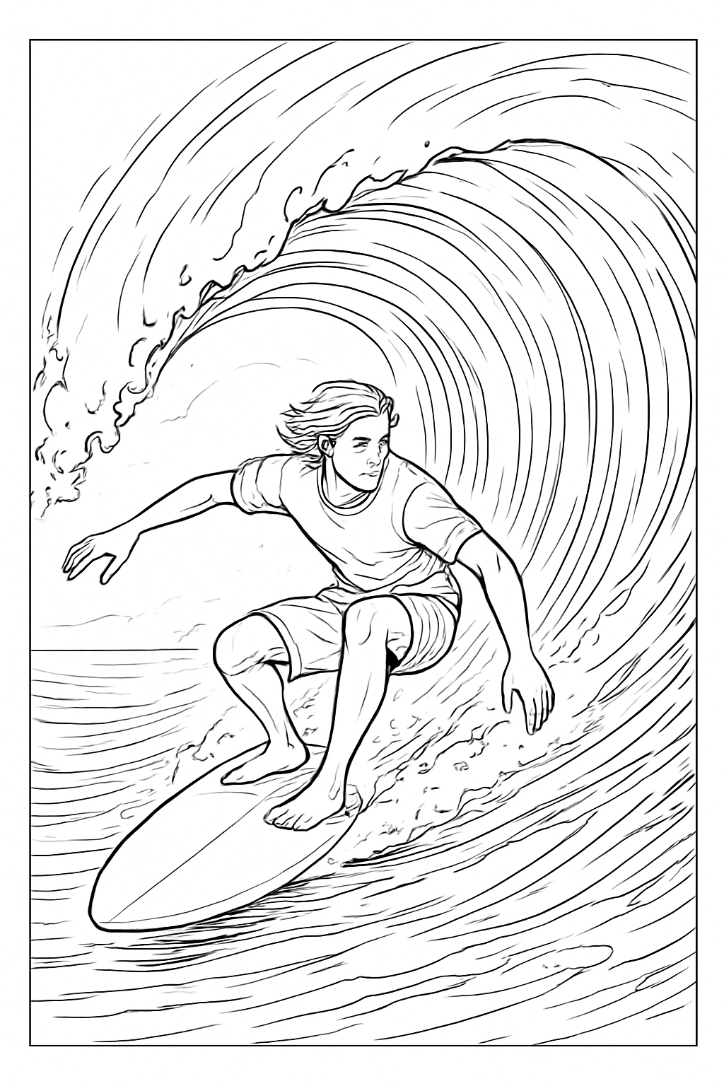 A surfer riding a massive wave—highly realistic. coloring page