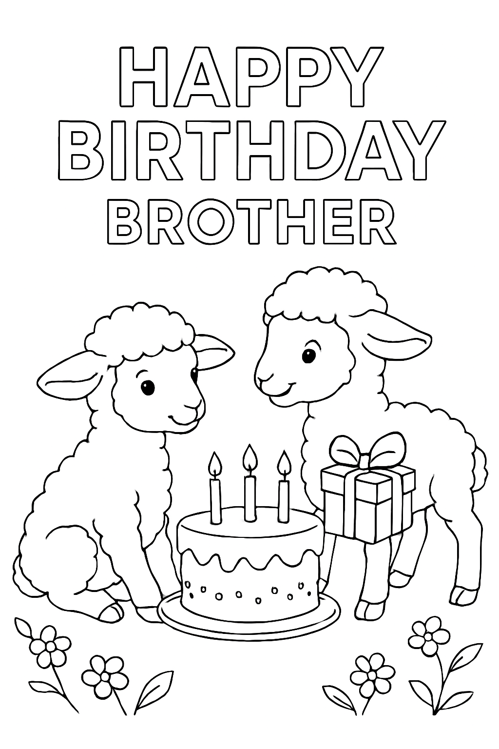 Birthday card for little brother with lambs coloring page
