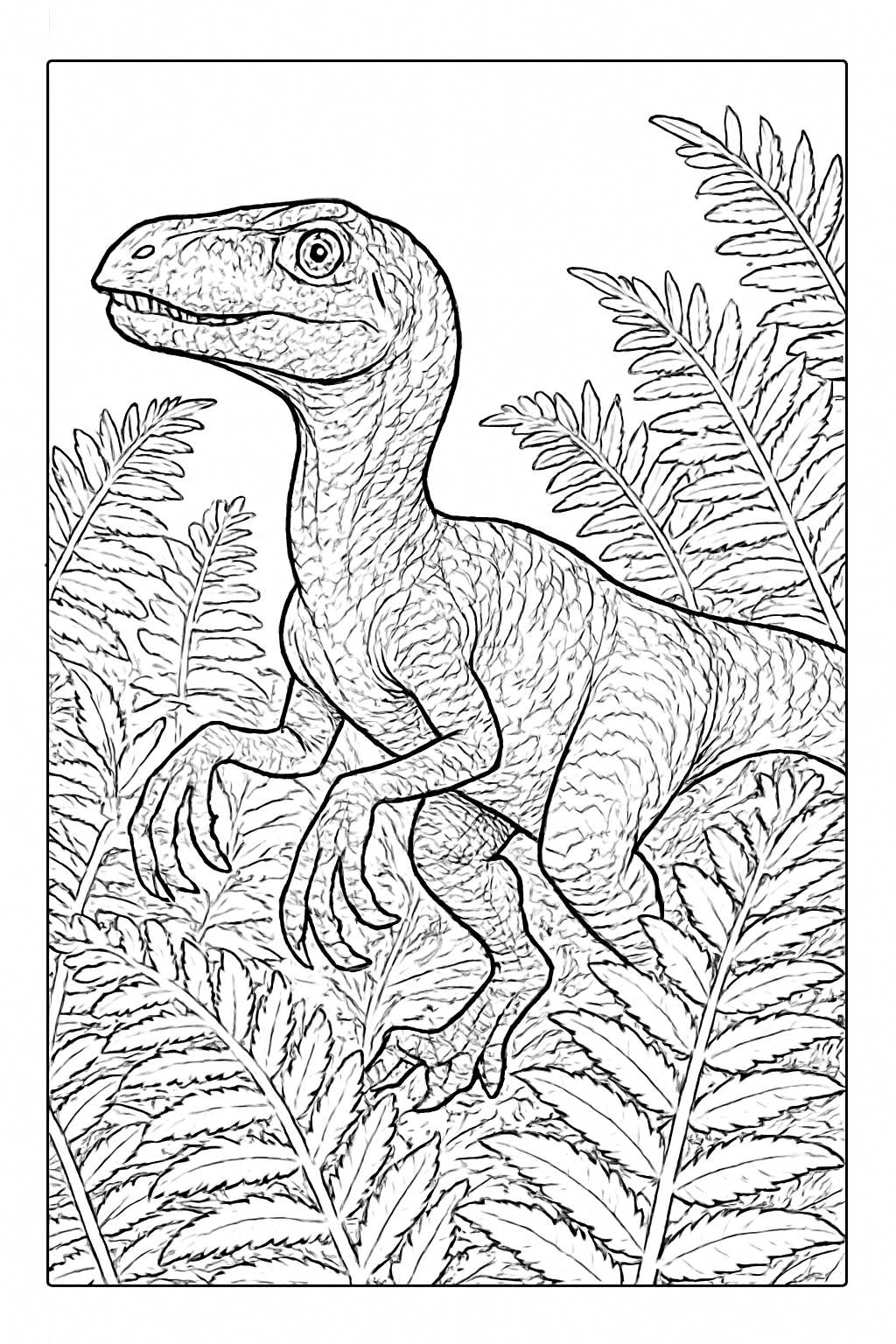 Detailed velociraptor coloring page featuring a lifelike raptor standing among forest ferns and plants.