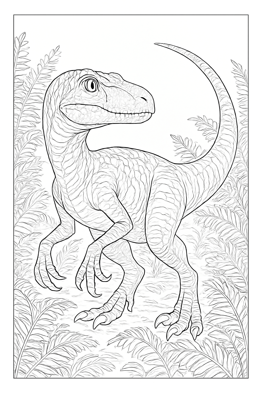 A detailed and realistic velociraptor coloring page set in a prehistoric jungle environment.