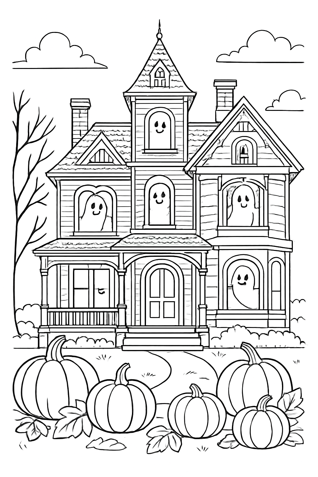 A detailed haunted victorian mansion coloring page with pumpkins and ghosts for kids and adults.
