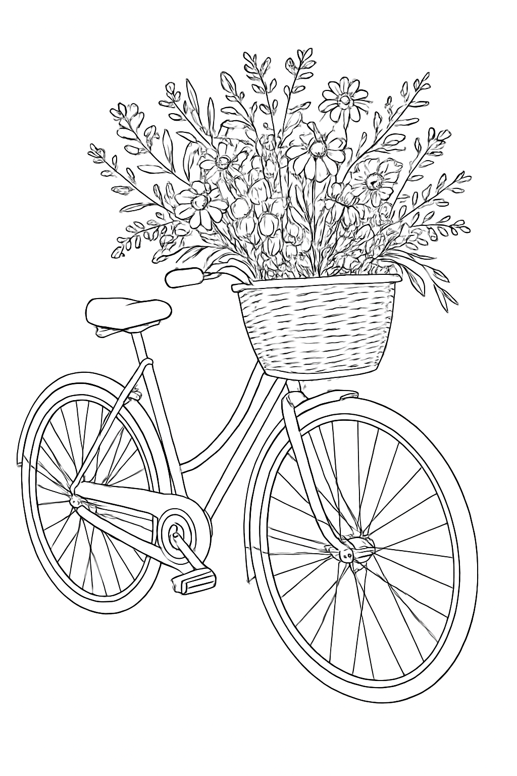 A detailed vintage bicycle coloring page with flowers in a basket and clear outlines for relaxing coloring.