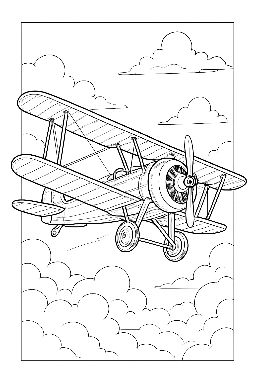 Sophisticated vintage biplane coloring page featuring clean outlines and intricate mechanical details.