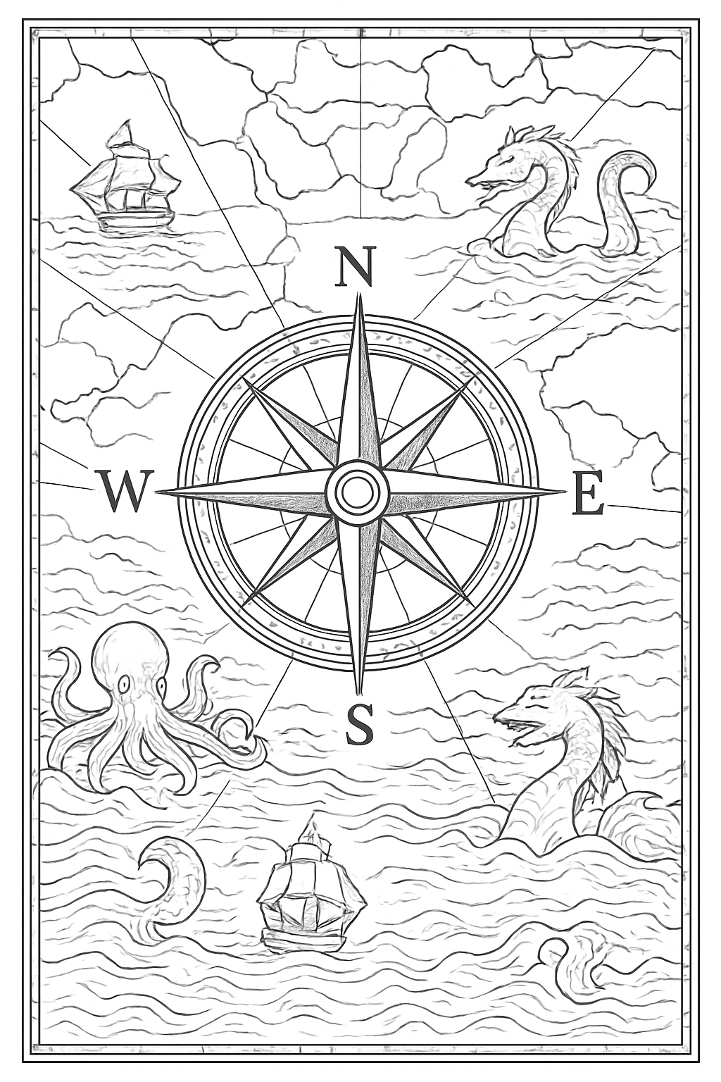 Vintage nautical chart coloring page with sea monsters and a compass rose