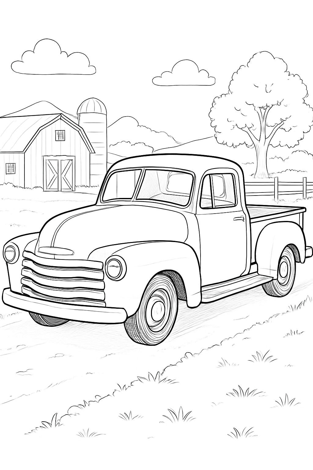 A detailed illustration of a vintage pickup truck for a relaxing vintage pickup truck coloring page.