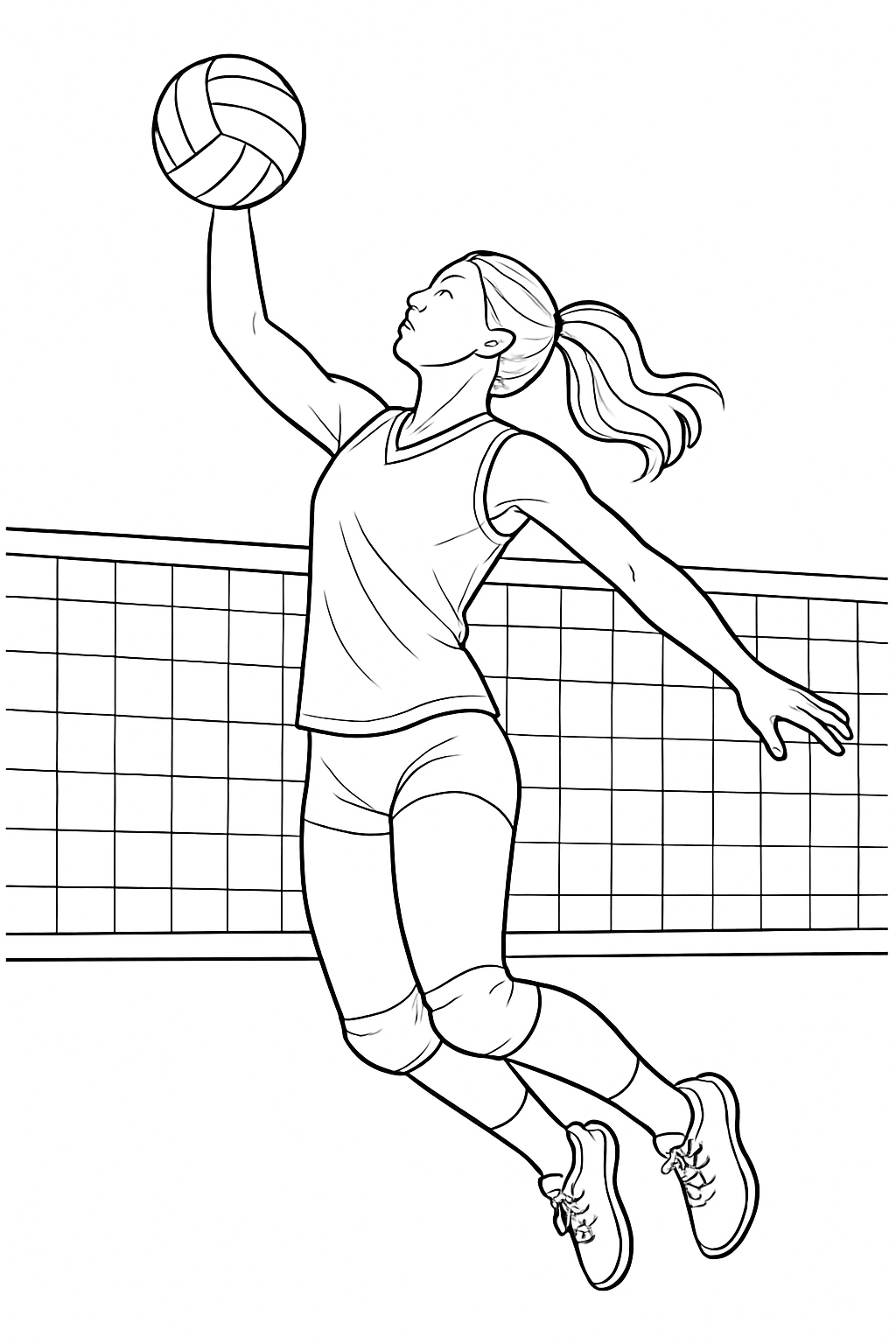 A professional volleyball player jumping to spike the ball in this detailed volleyball spike coloring page.