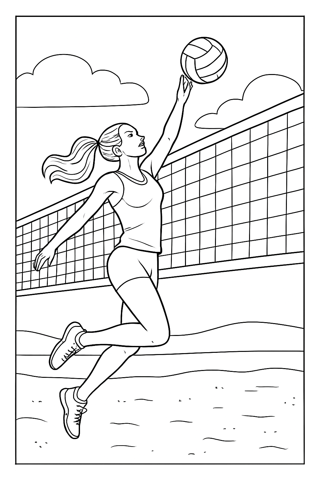 A professional volleyball player jumping to spike the ball in this detailed volleyball coloring page.