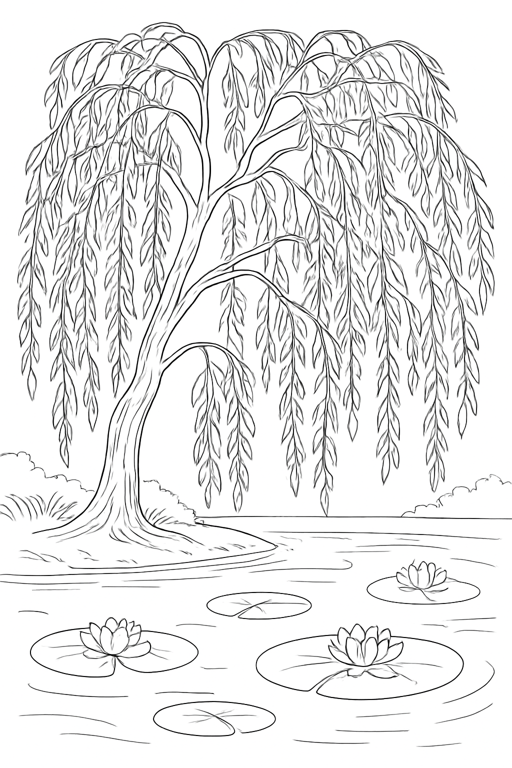 A detailed weeping willow tree coloring page by a calm pond with lily pads.