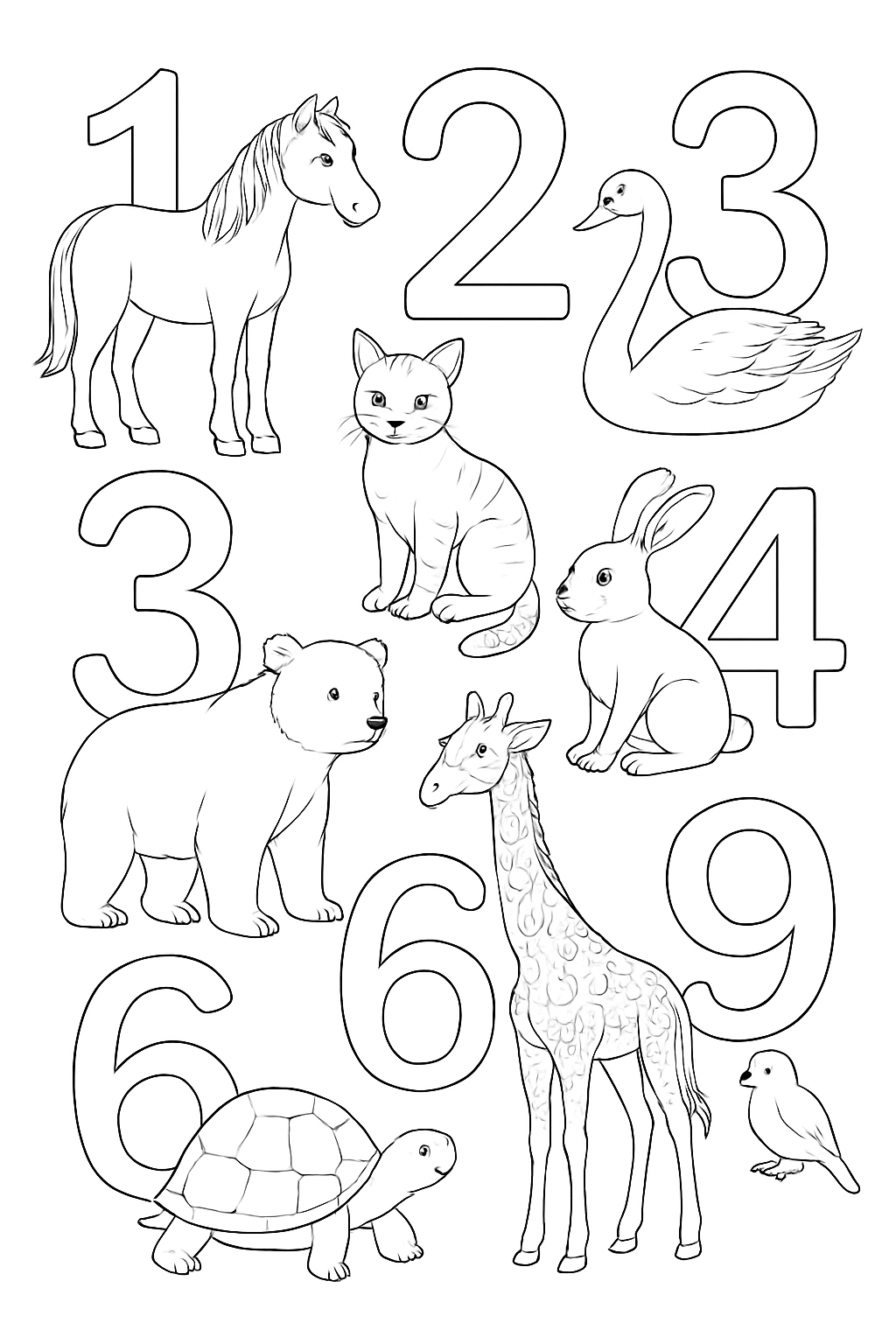 Detailed animal numbers coloring page featuring realistic wildlife integrated into numerical shapes.