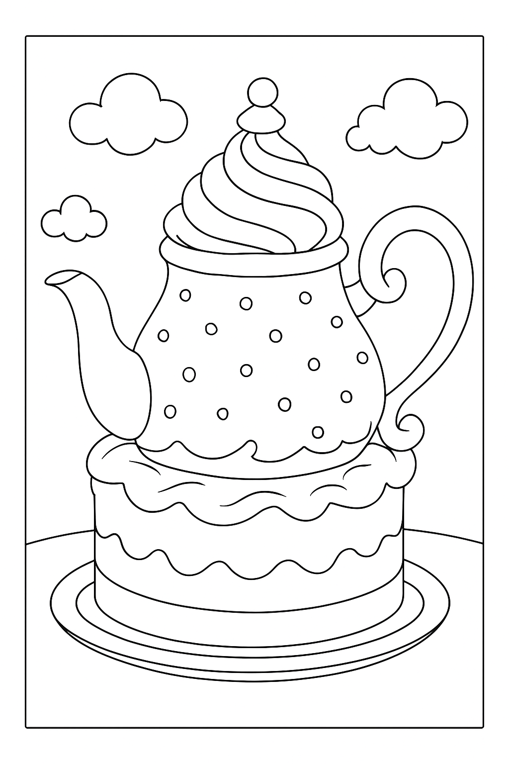 A creative teapot-shaped cake illustration on a whimsical bakery cake coloring page.