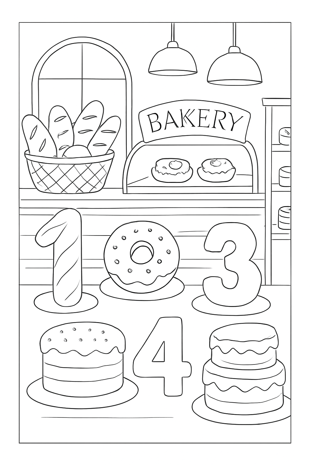 A bakery numbers coloring page featuring numbers shaped like delicious cakes and donuts for kids to color.