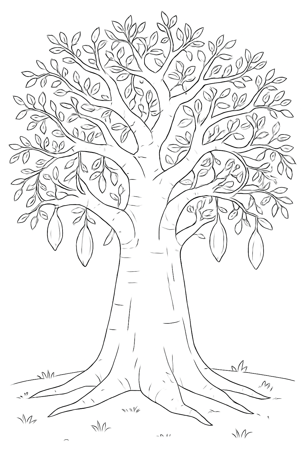 Detailed baobab tree coloring page featuring thick branches and a wide trunk.