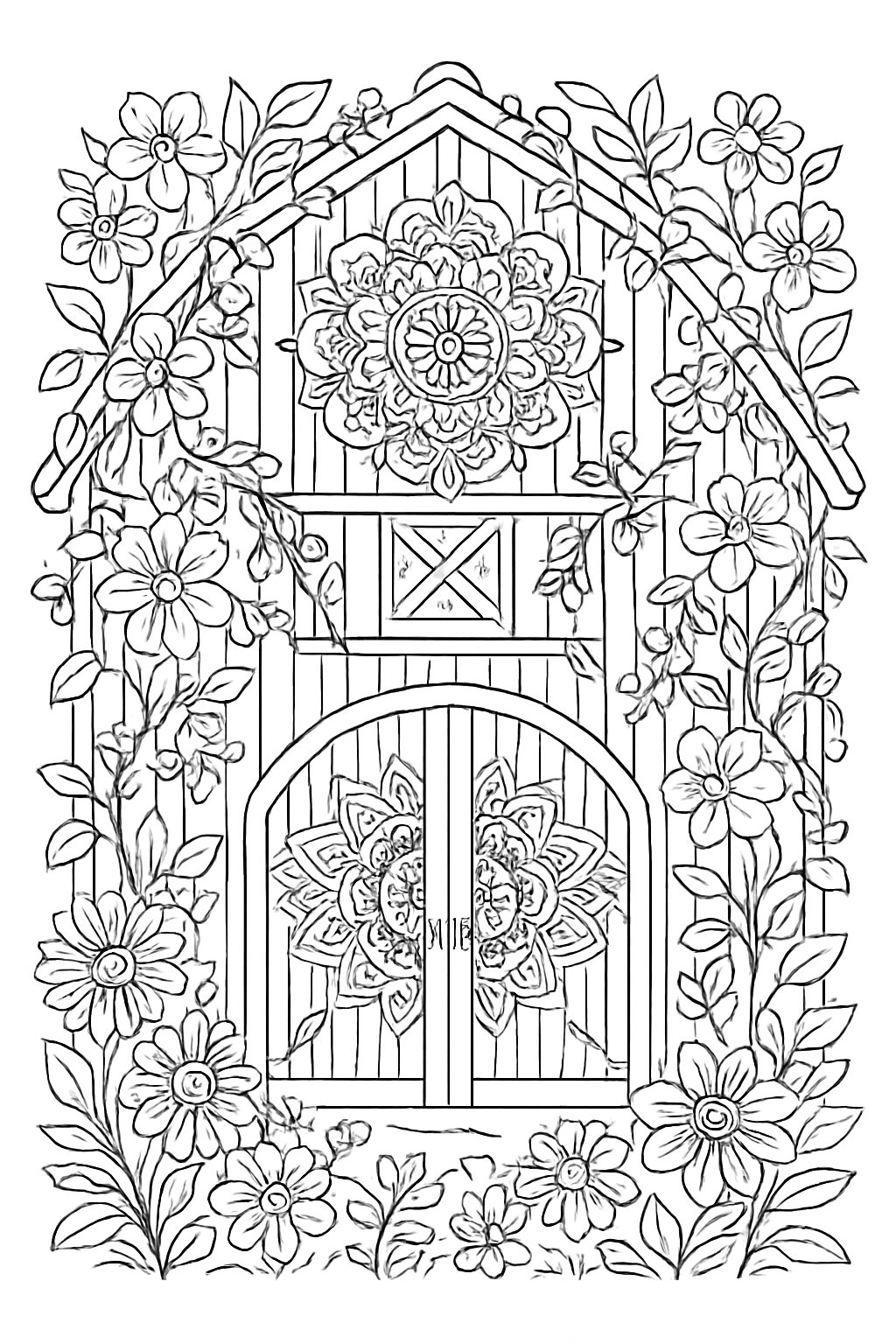 Detailed whimsical barn coloring page featuring intricate floral patterns and garden elements for artistic coloring.