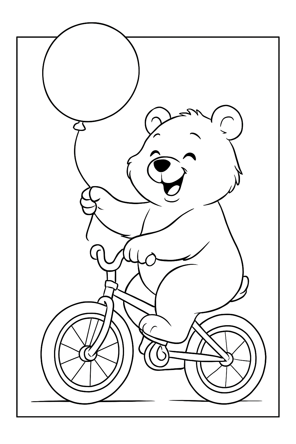 A cute bear riding a bicycle in this fun bicycle coloring page for kids and adults.