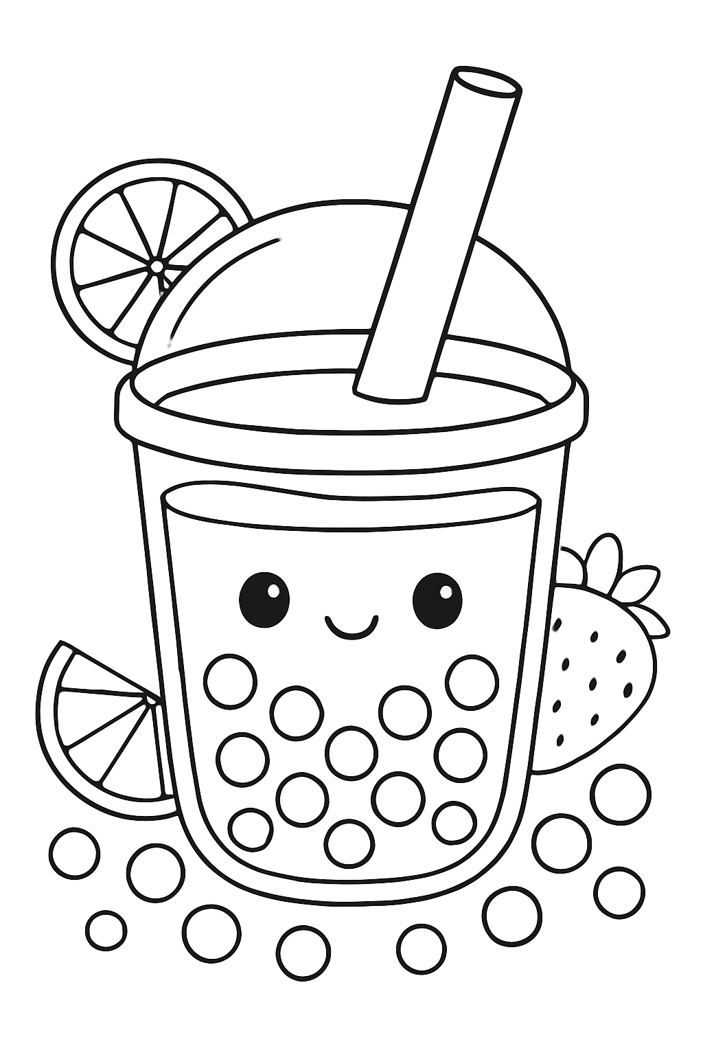 A cute boba tea coloring page featuring a smiling cup with tapioca pearls.