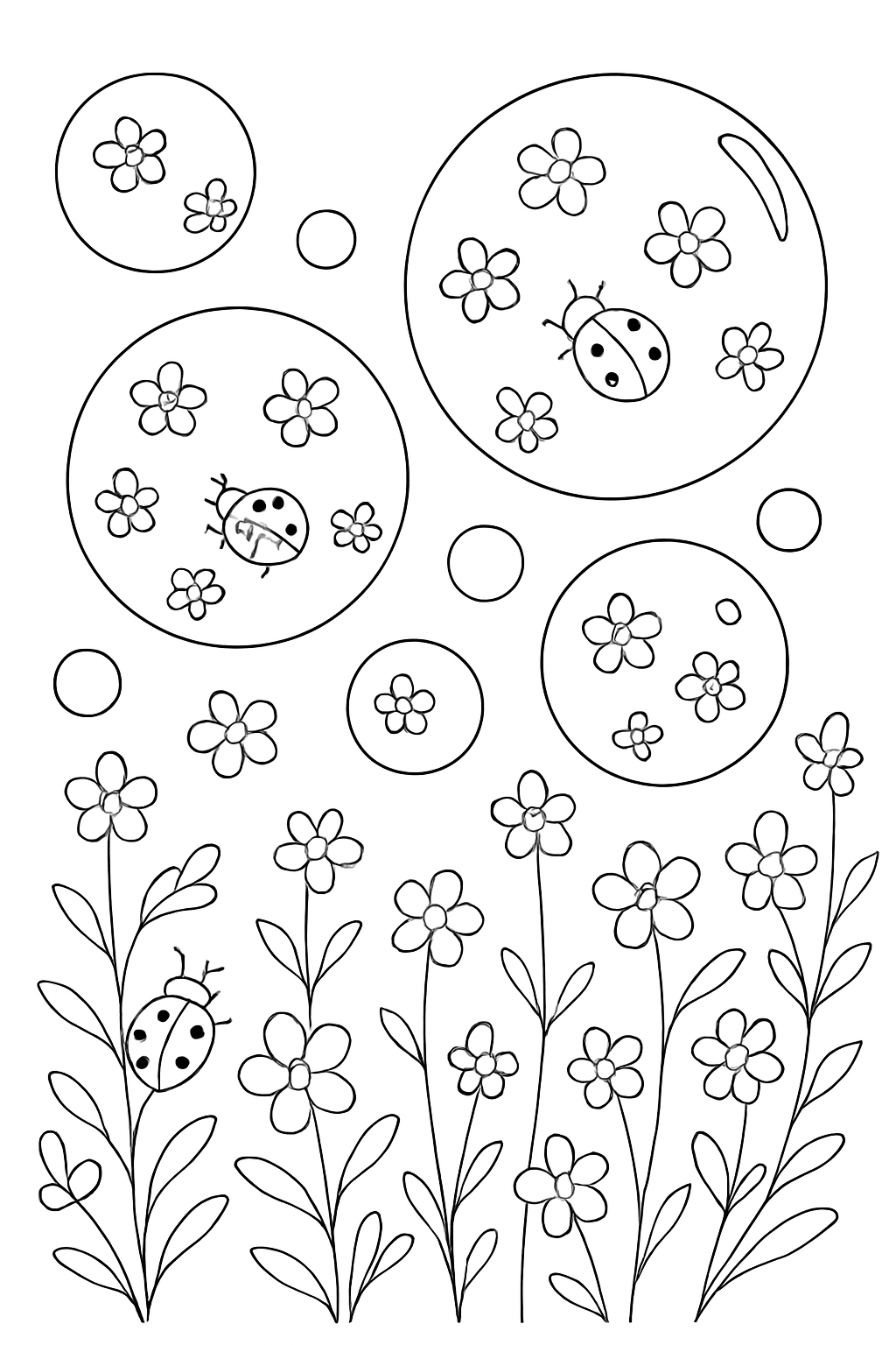 A whimsical bubble garden coloring page featuring circles filled with flowers and ladybugs.
