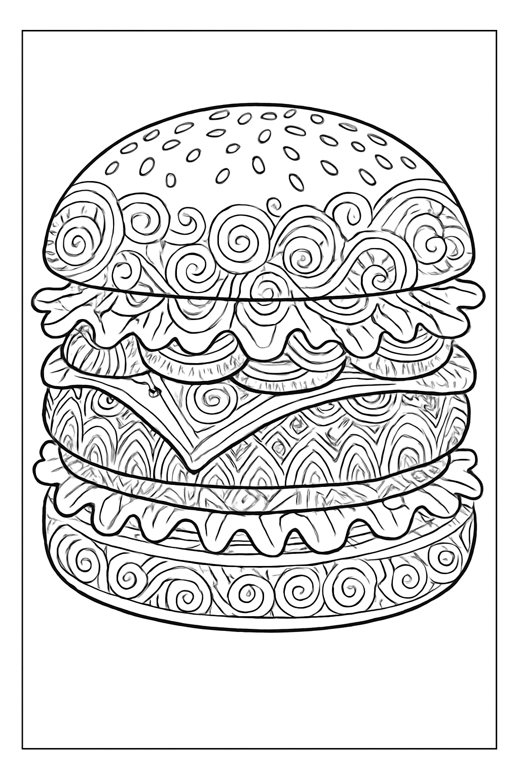 Highly detailed burger feast coloring page with intricate patterns on toppings and bun.
