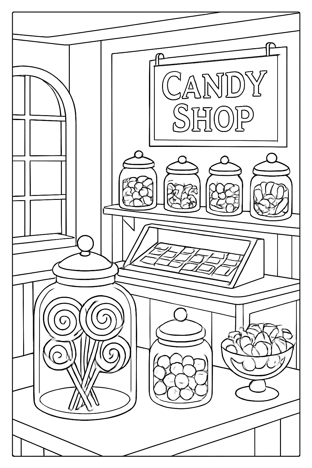 A detailed candy shop coloring page featuring glass jars filled with assorted treats and swirling candies.